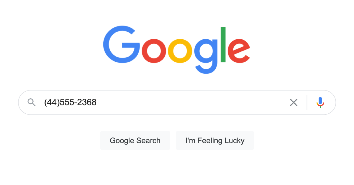 Captura de pantalla del navegador web Chrome con el número de teléfono en el campo de búsqueda